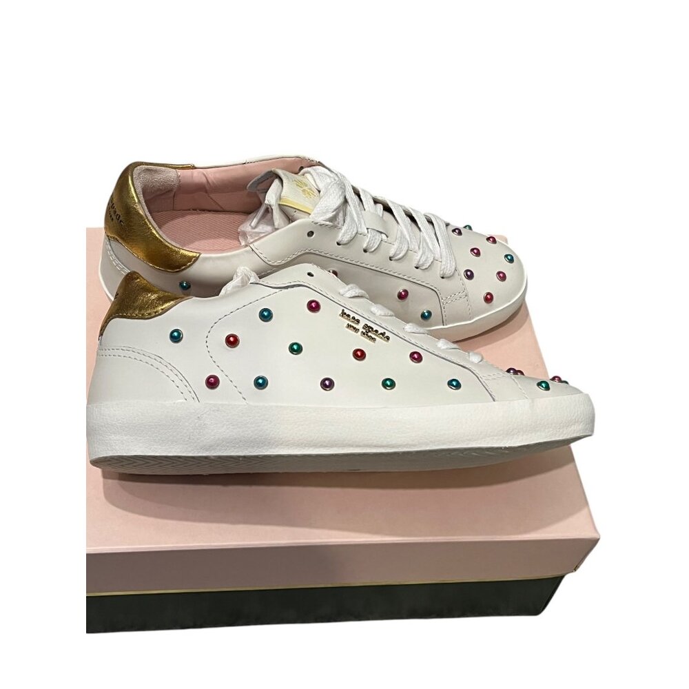 Kate Spade Ace Gem Sneakers 8.5B Optic White & Gold With Multicolor Studs New